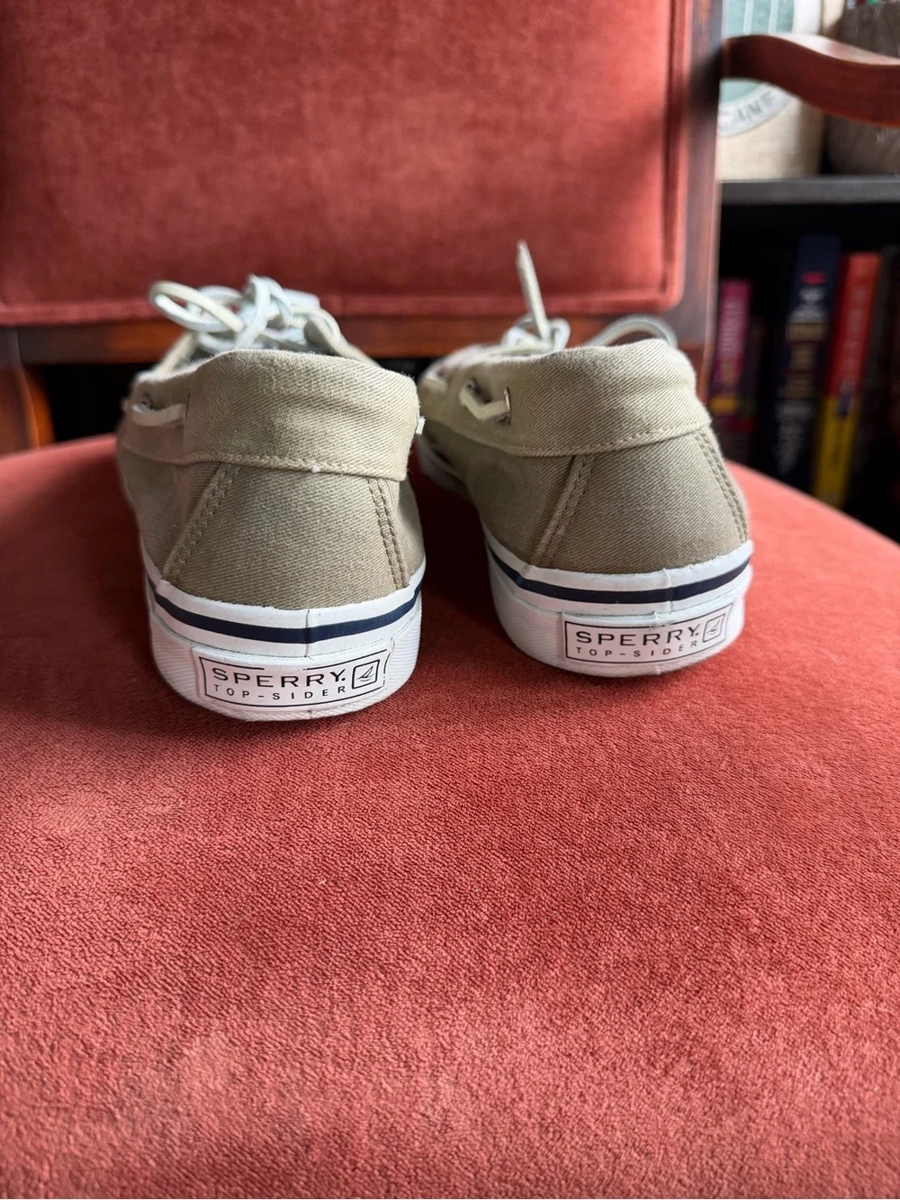 Men’s Sperry top slider canvas boat shoes in khaki.